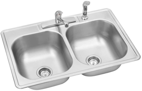 Elkay Swift Install All-in-One Drop-In Stainless Steel 33 in. 4-Hole Double Bowl Kitchen Sink - Appears New   - Lot 607