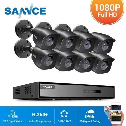 SANNCE 8CH DVR CCTV System 8PCS 2MP IP66 Waterproof Outdoor Security Bullet Cameras 1080P HDMI TVI CCTV DVR Surveillance Kit Black without HDD - New  - Lot 814