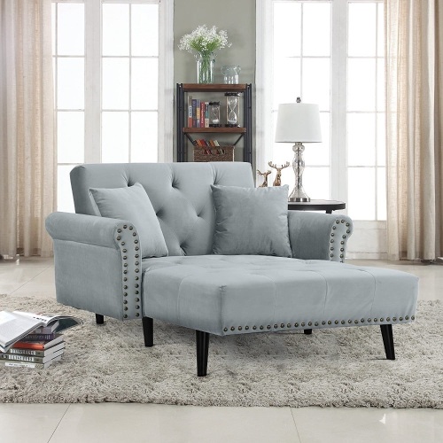 Modern Velvet Fabric Sleeper Chaise Lounge - Futon Sleeper Single Seater with Nailhead Trim & Reclining Backrest (Light Grey). Appears New - Lot 50