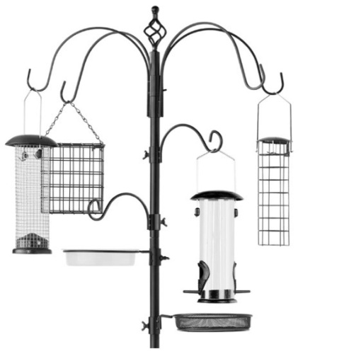 Bird Feeding Station, 6-Hook Steel Multi-Feeder Stand w/ 4 Feeders - 89in,APPEARS NEW