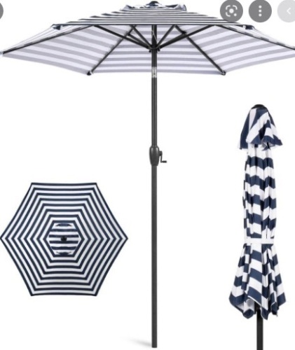  7.5 ft Heavy-Duty Outdoor Market Patio Umbrella with Push Button Tilt, Easy Crank Lift in Navy Stripe,APPEARS NEW