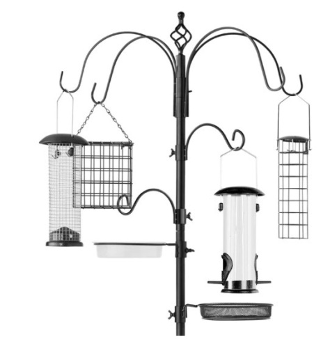 Bird Feeding Station, 6-Hook Steel Multi-Feeder Stand w/ 4 Feeders - 89in,APPEARS NEW