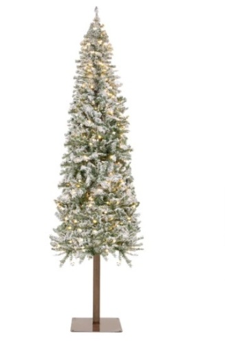 Pre-Lit Snow Flocked Alpine Slim Pencil Christmas Tree w/ LED Lights, Stand,APPEARS NEW