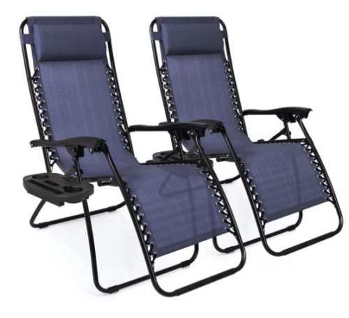 Set of 2 Adjustable Zero Gravity Patio Chair Recliners w/ Cup Holders, Blue - Lot 101
