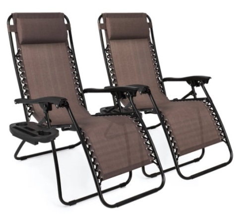 Set of 2 Adjustable Zero Gravity Patio Chair Recliners w/ Cup Holders, Brown - Lot 102