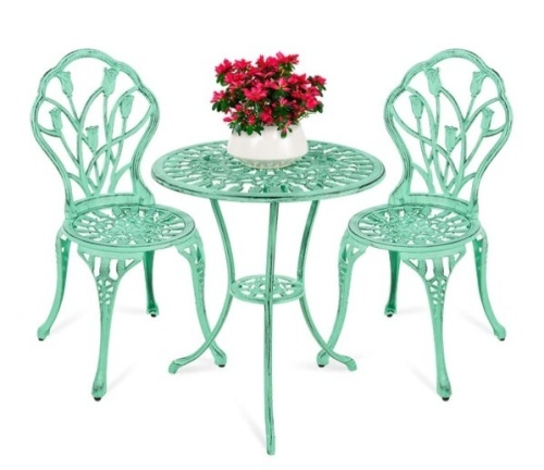 3-Piece Cast Aluminum Patio Bistro Furniture Set, Teal - Lot 105