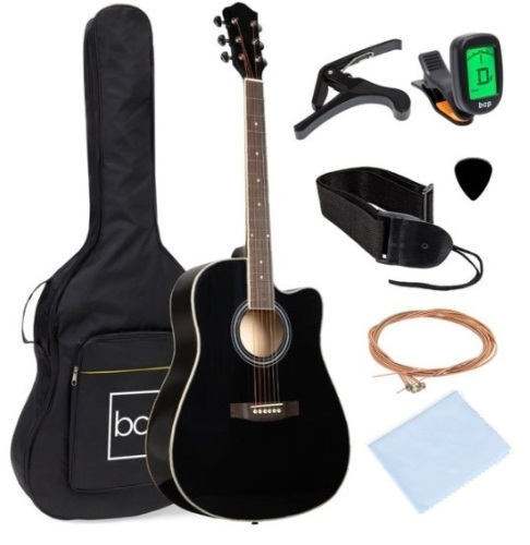 Full Size Beginner Acoustic Guitar Set with Case, Strap, Capo - 41in, Black - Lot 110