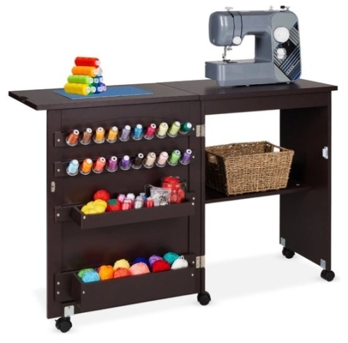 Folding Sewing Table Multipurpose Craft Station & Side Table w/ Wheels, Espresso - Lot 114