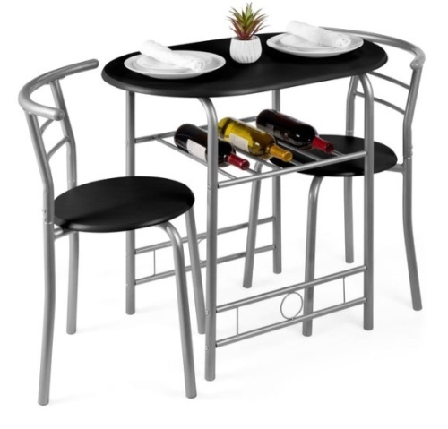 3-Piece Wooden Table & Chairs Dining Set w/ Lower Storage Shelf, Black/Silver - Lot 115