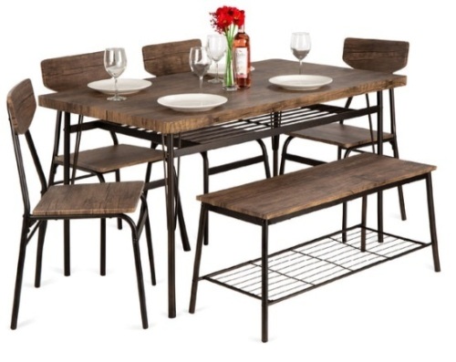 6-Piece Modern Dining Set w/ Storage Racks, Table, Bench, 4 Chairs - 55in - Lot 123