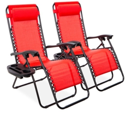 Set of 2 Adjustable Zero Gravity Patio Chair Recliners w/ Cup Holders, Crimson Red - Lot 127