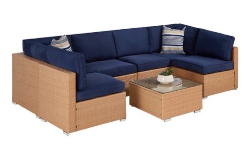 7-Piece Modular Wicker Sectional Conversation Set w/ 2 Pillows, Cover, Natural/Navy - Lot 132
