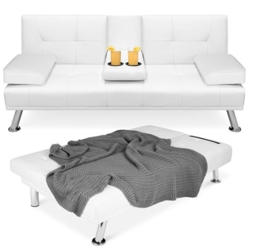Faux Leather Upholstered Convertible Sofa Bed Futon w/ 2 Cupholders, White - Lot 133