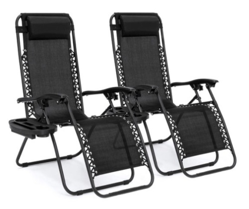 Set of 2 Adjustable Zero Gravity Patio Chair Recliners w/ Cup Holders, Black - Lot 134