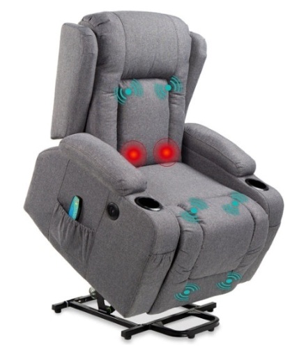 Electric Power Lift Recliner Massage Chair w/ Heat, USB Port, Cupholders, Gray - Lot 137