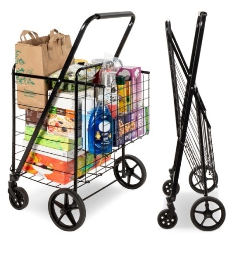 Folding Steel Grocery Cart w/ Double Basket, Swivel Wheels, 220lb Cap - Lot 151