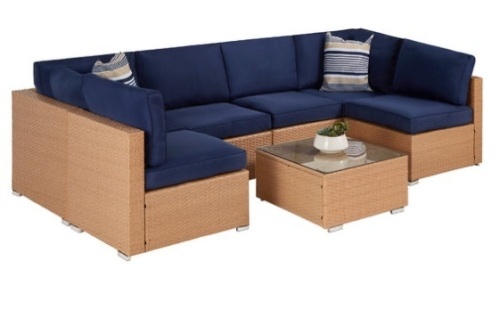 7-Piece Modular Wicker Sectional Conversation Set w/ 2 Pillows, Cover, Natural/Navy - Lot 156