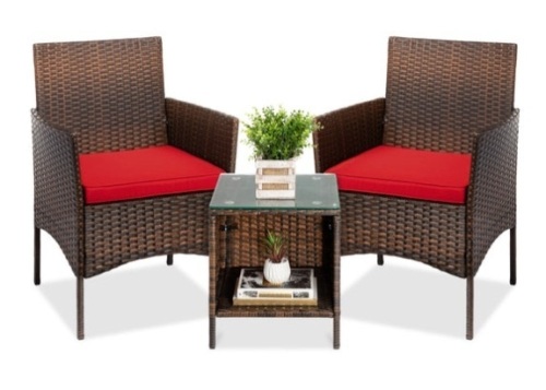 3-Piece Outdoor Patio Wicker Bistro Set w/ Side Storage Table, Brown/Red - Lot 159