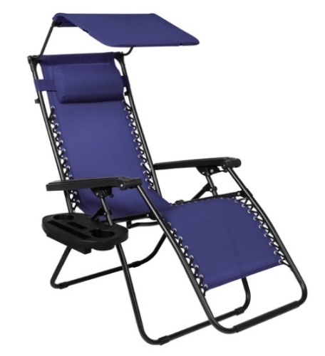 Folding Zero Gravity Recliner Patio Lounge Chair w/ Canopy, Side Tray, Navy Blue - Lot 160