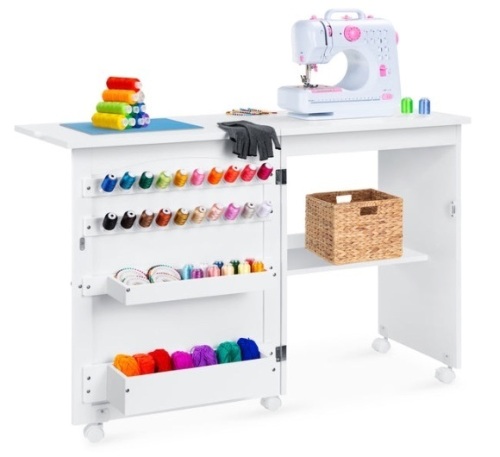 Folding Sewing Table Multipurpose Craft Station & Side Table w/ Wheels, White - Lot 163