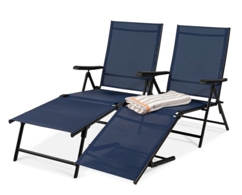 Set of 2 Outdoor Patio Chaise Recliner Lounge Chairs w/ Rust-Resistant Frame, Navy - Lot 165