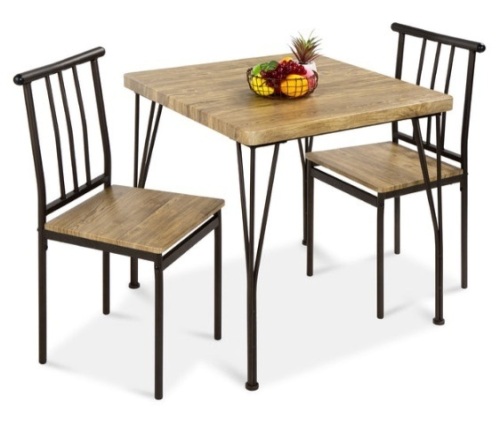 3-Piece Metal Wood Square Dining Table Furniture Set w/ 2 Chairs - Brown - Lot 167