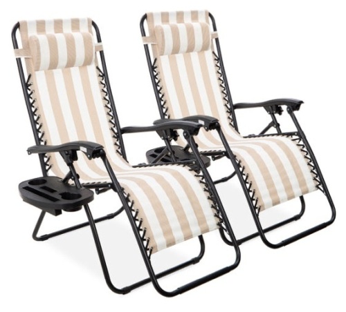 Set of 2 Adjustable Zero Gravity Patio Chair Recliners w/ Cup Holders, Tan Striped - Lot 169