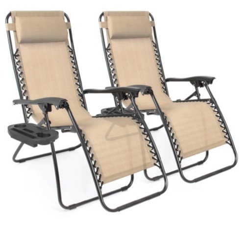 Set of 2 Adjustable Zero Gravity Patio Chair Recliners w/ Cup Holders, Sand - Lot 170