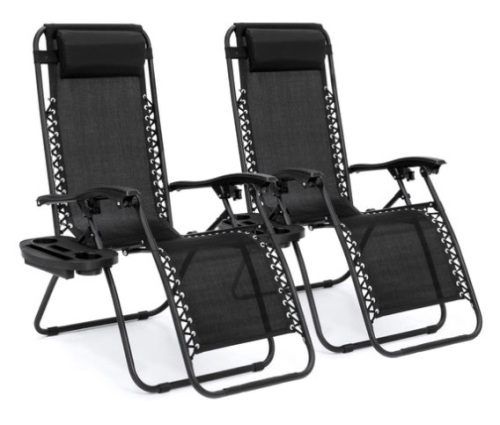 Set of 2 Adjustable Zero Gravity Patio Chair Recliners w/ Cup Holders, Black - Lot 171