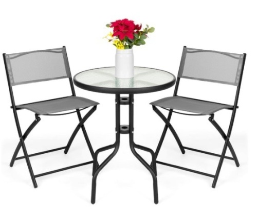 3-Piece Bistro Set w/ Glass Table, 2 Foldable Chairs - Lot 176
