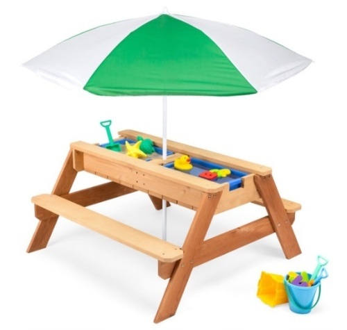 3-in-1 Kids Sand & Water Table Outdoor Wood Picnic Table w/ Umbrella, Green - Lot 180