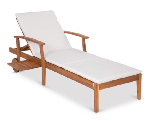 Adjustable Acacia Wood Chaise Lounge Chair w/ Side Table, Wheels - 79x26in, Cream - Lot 182