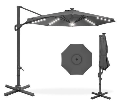 Best Choice Products 10ft 360-Degree Solar LED Cantilever Patio Umbrella, Outdoor Hanging Shade w/ Lights - Gray - Lot 186