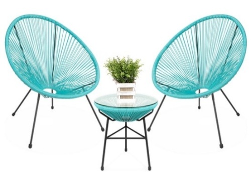 3-Piece All-Weather Patio Acapulco Bistro Set w/ Rope, Glass Top Table, Light Blue - Lot 190