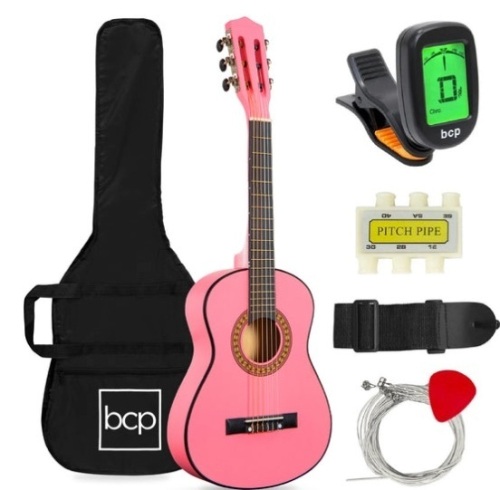 Kids Acoustic Guitar Beginner Starter Kit with Carrying Case - 30in, Pink - Lot 191