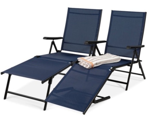 Set of 2 Outdoor Patio Chaise Recliner Lounge Chairs w/ Rust-Resistant Frame, Navy - Lot 201