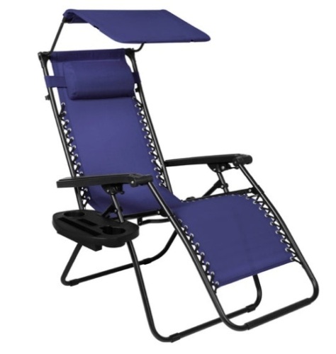 Folding Zero Gravity Recliner Patio Lounge Chair w/ Canopy, Side Tray, Navy - Lot 203