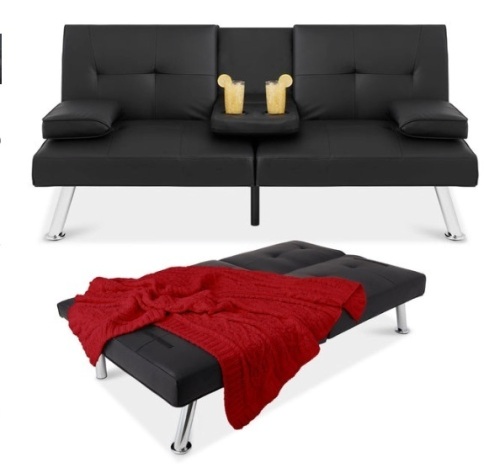 Faux Leather Upholstered Convertible Sofa Bed Futon w/ 2 Cupholders, Black - Lot 205