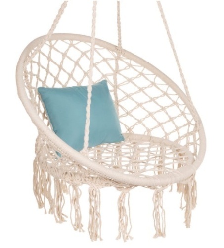 Cotton Macrame Hammock Hanging Chair Swing, Handwoven w/ Backrest, Beige - Lot 207
