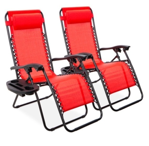 Set of 2 Adjustable Zero Gravity Patio Chair Recliners w/ Cup Holders, Crimson Red - Lot 208