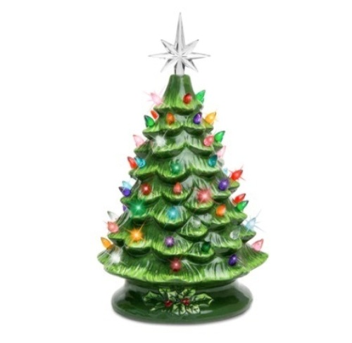 15in Pre-Lit Hand-Painted Ceramic Tabletop Christmas Tree w/ 64 Lights, Green - Lot 315