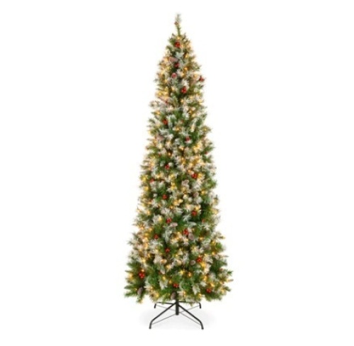 6ft Pre-Lit Partially Flocked Spruce Pencil Tree w/ Berries, Pine Cones - Lot 317