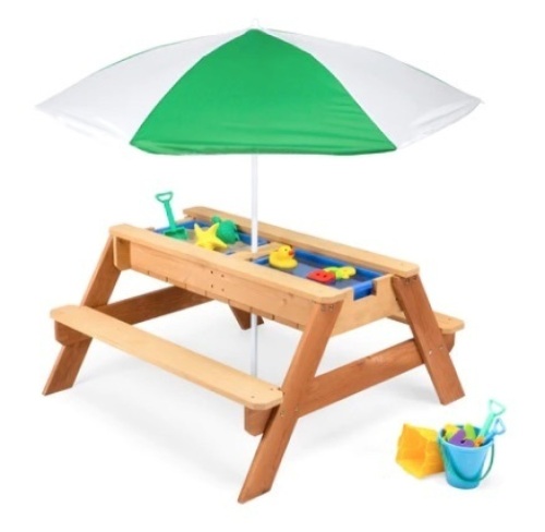 3-in-1 Kids Sand & Water Table Outdoor Wood Picnic Table w/ Umbrella, Green - Lot 323