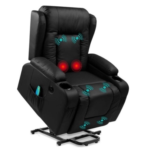 Electric Power Lift Recliner Massage Chair w/ Heat, USB Port, Cupholders, Black - Lot 214