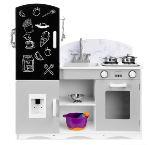 Kids Pretend Play Kitchen Cook Toy Set w/ Chalkboard, Sounds, Accessories, Gray - Lot 215