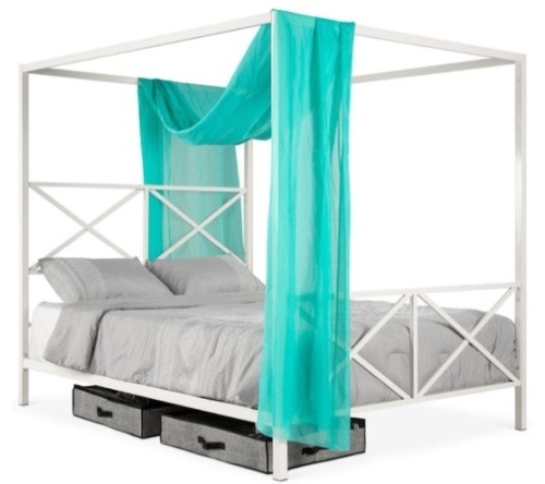 4-Post Queen Size Modern Metal Canopy Bed Frame w/ Headboard, Footboard, White - Lot 219