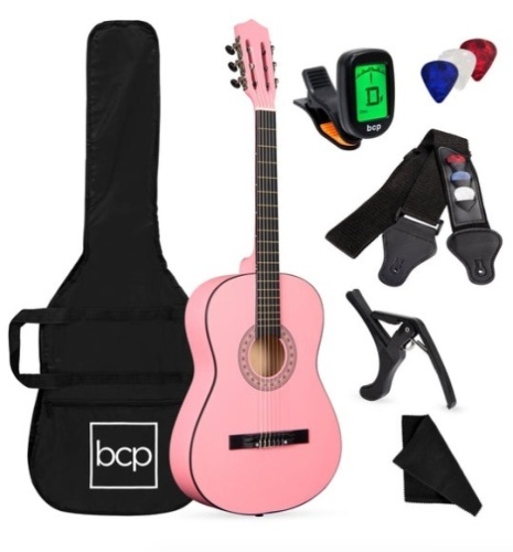 Beginner Acoustic Guitar Set w/ Case, Strap, Digital Tuner, Strings - 38in, Pink - Lot 224