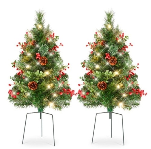 Set of 2 Pre-Lit Pathway Christmas Trees w/ Pine Cones, Timer - 24.5in - Lot 226