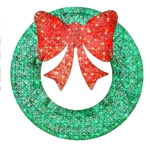Pre-Lit Outdoor Christmas Wreath, LED Metal Holiday Decor w/ Bow - 48in, Green/Red - Lot 235