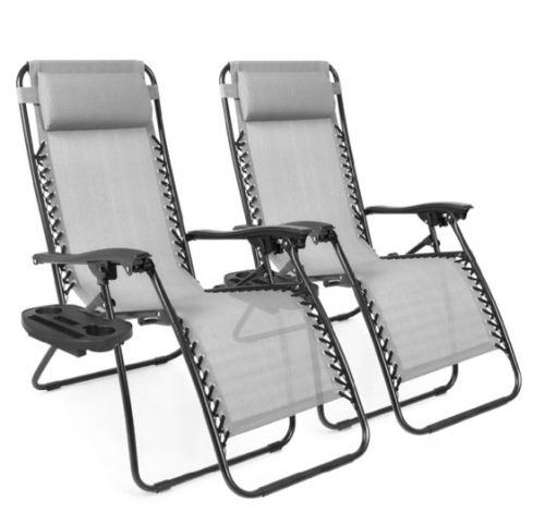 Set of 2 Adjustable Zero Gravity Patio Chair Recliners w/ Cup Holders, Ice Gray - Lot 244